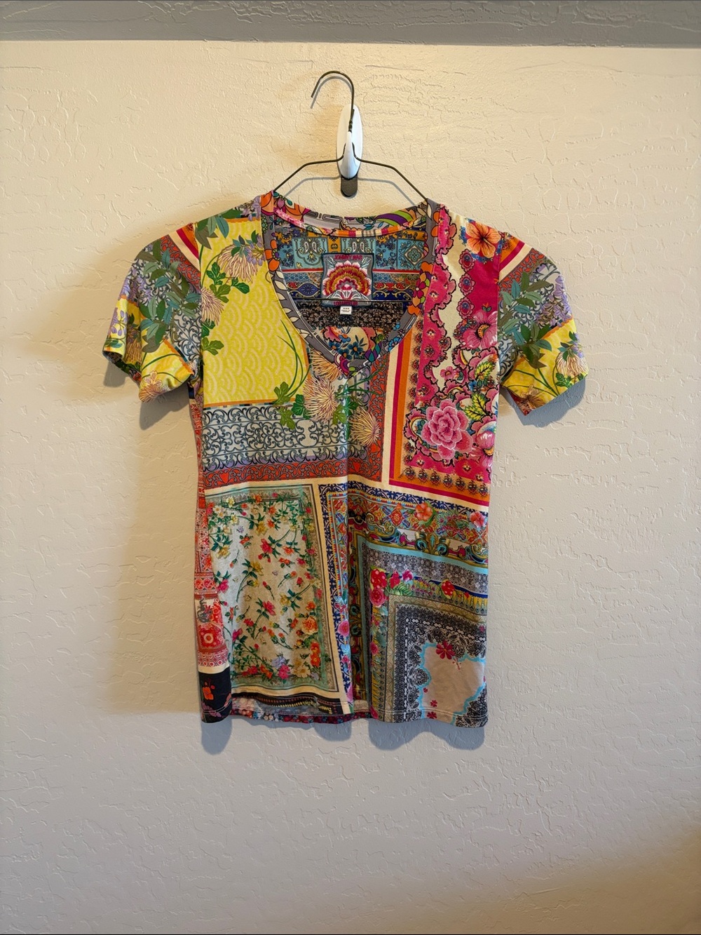 Johnny Was Patchwork Floral Short Sleeve Tee - Yellow, Pink, Green, Blue